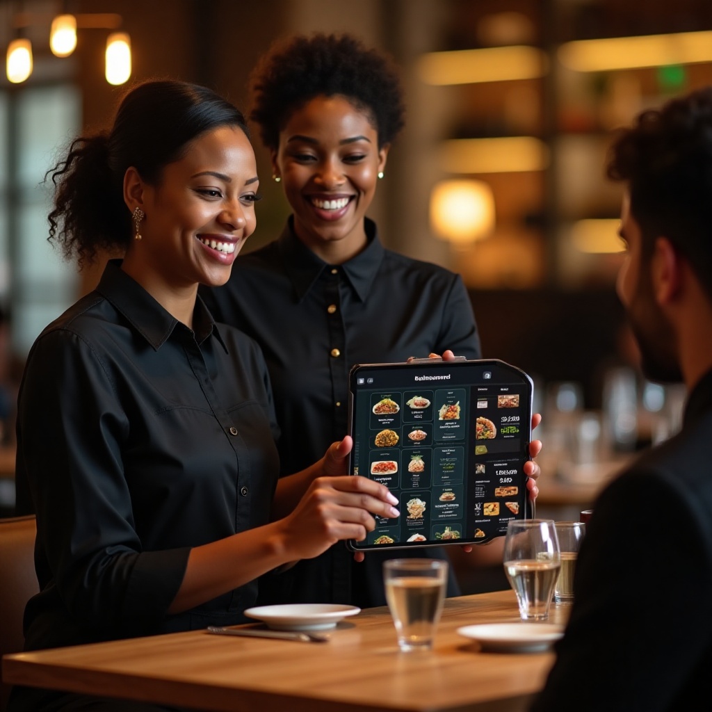 Restaurant staff showing digital menu to customers